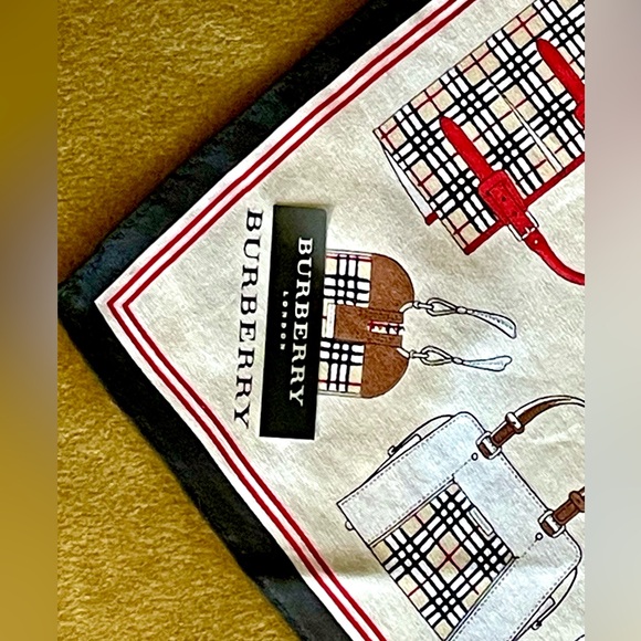 Burberry Scarf w/pattern of Burberry Bags, white/red/black, EUC - Picture 6 of 11